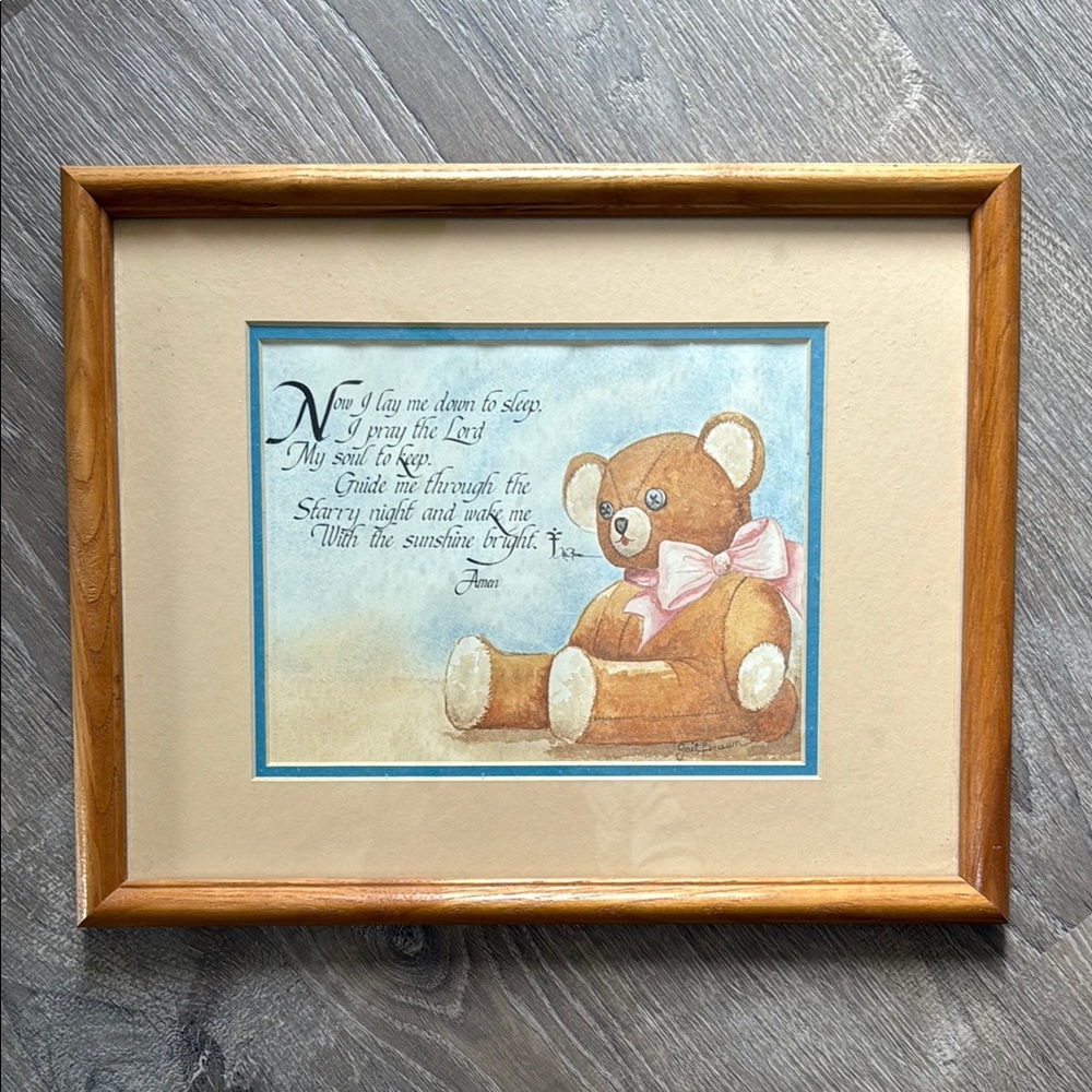 Vintage Framed Teddy Bear Art with Pink Bow